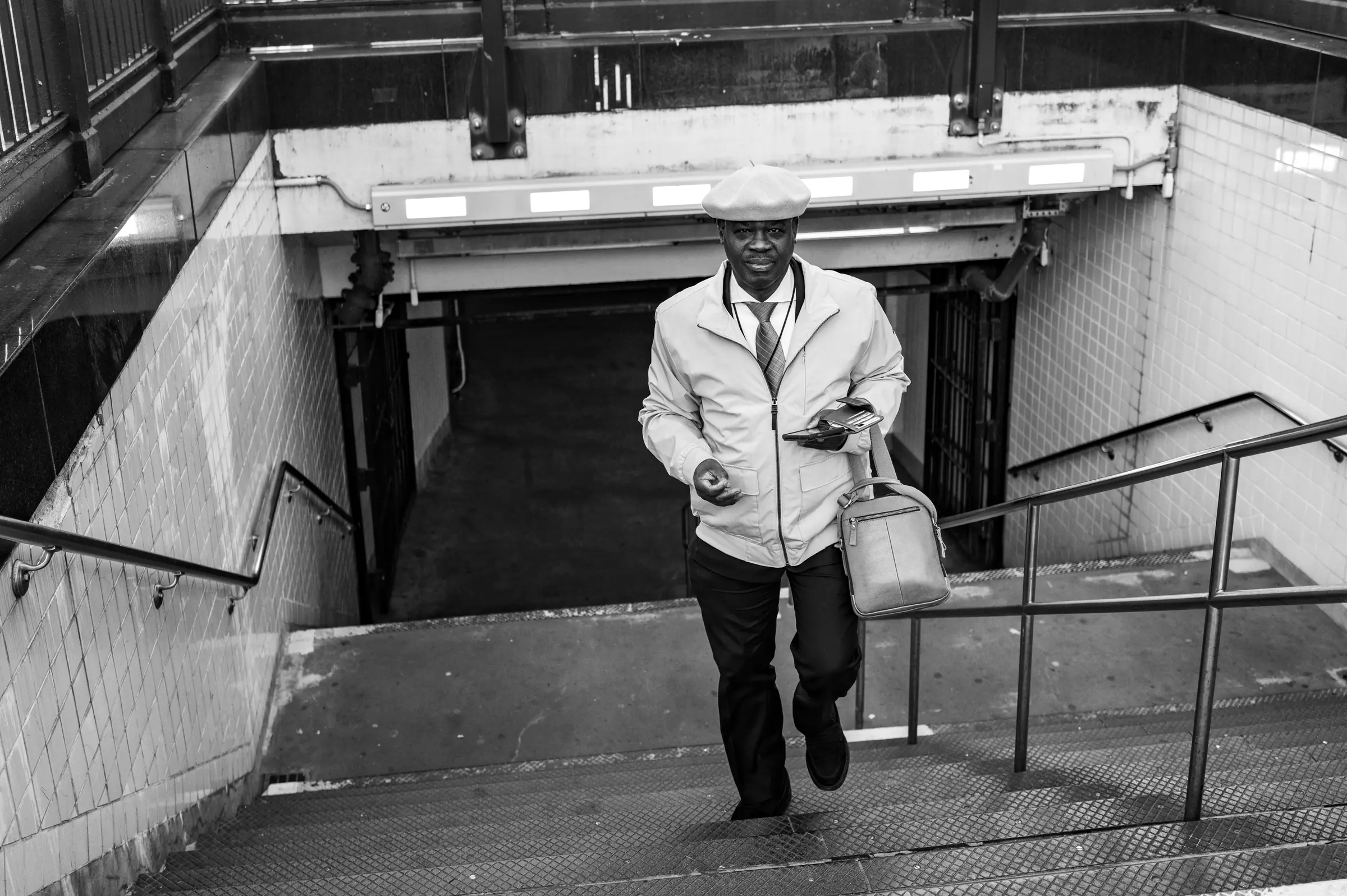 A man emerging from the New York subway